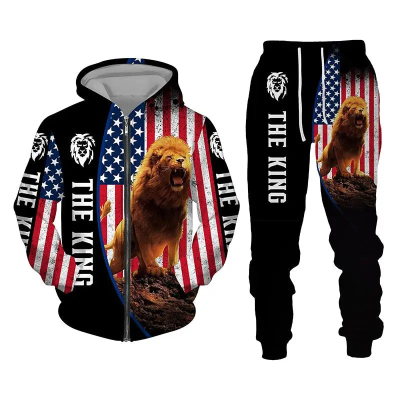 Autumn and Winter 3d Animal Print Men's Plus Size Trousers Long Sleeve Hooded Zipper Sports Suit Custom Wholesale