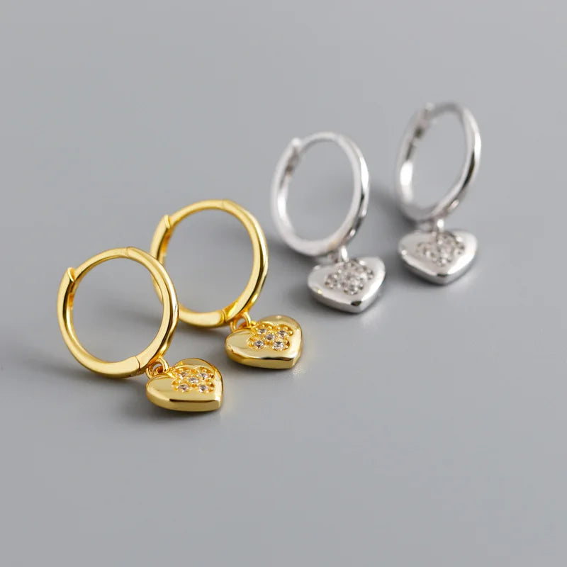 Hot Popular Four-Leaf Clover Zircon Heart Shaped Rhodium Plated 925 Sterling Silver Small Hoop Earrings for Party and Gift