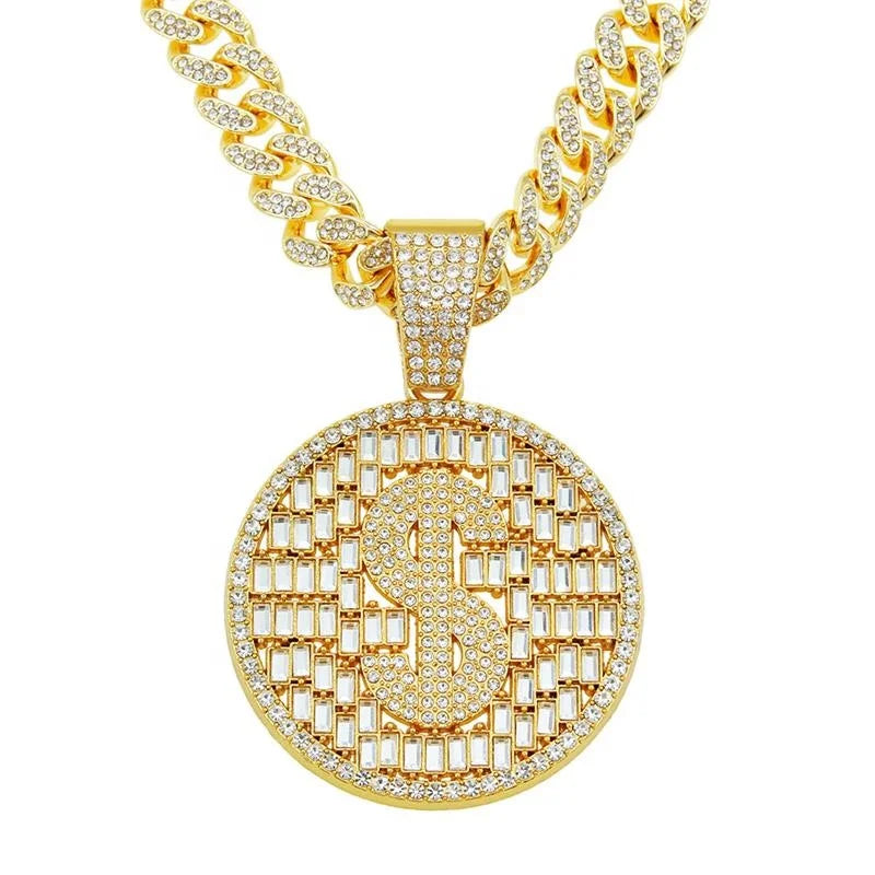 New Style Hip Hop Iced Out Cuban Chain With Alloy and Bling Diamond Dollar Round Card Pendant Necklace