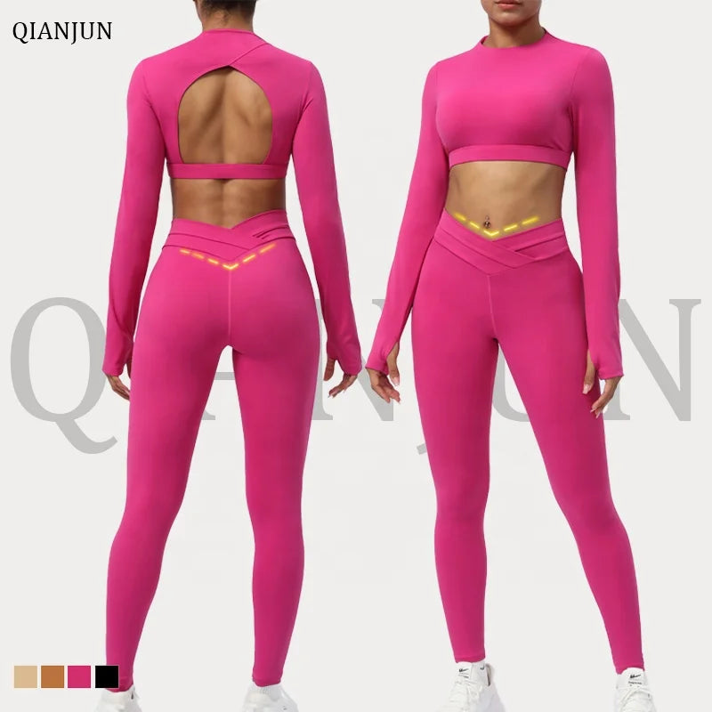 Wholesale Fitness 2 Piece Women Gym Yoga Wear Set Workout Seamless Long Sleeve Sports Suit Hoodie Yoga Set