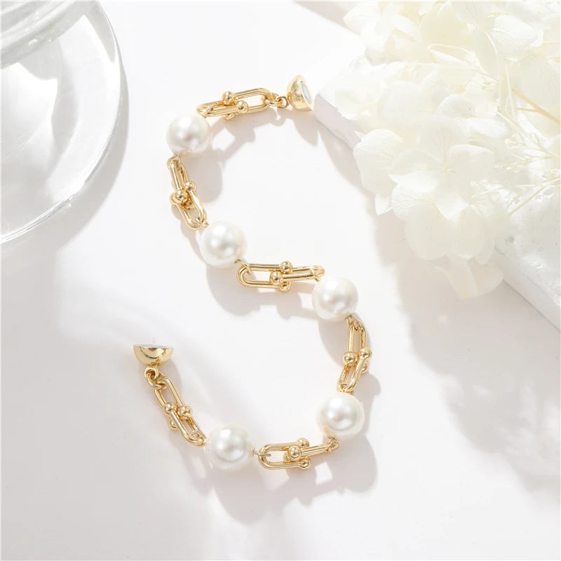 Fashion Women Jewelry  Pearl U-shaped Horseshoe Bracelet Designs 14K Gold Plated Link Bangles