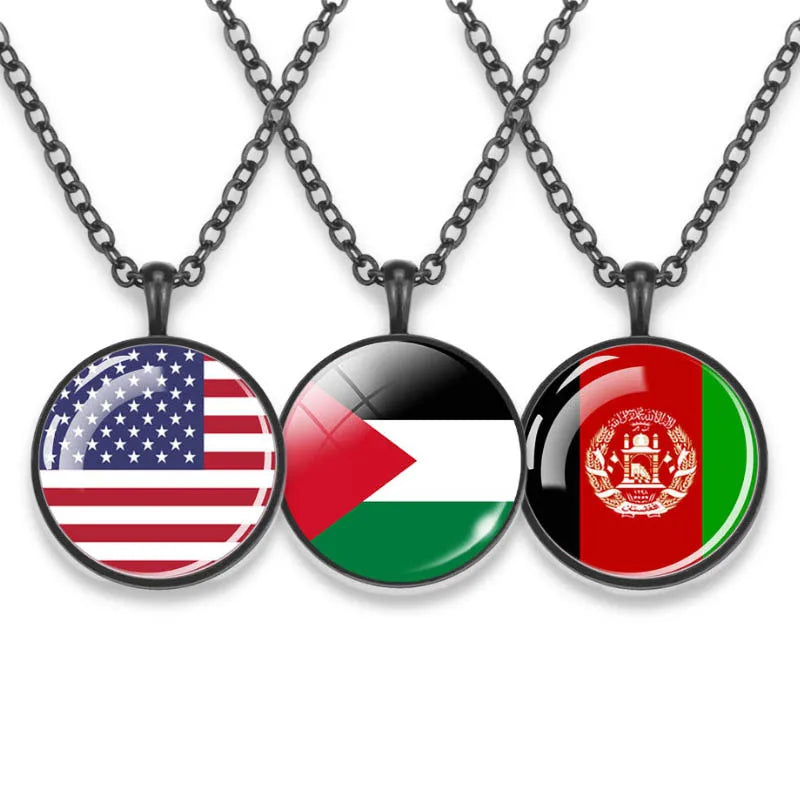 World Flag Jewelry Crystal Dome Cabochon Pendant Black Necklace Country Flag Link Chain National Flag Necklace for Men