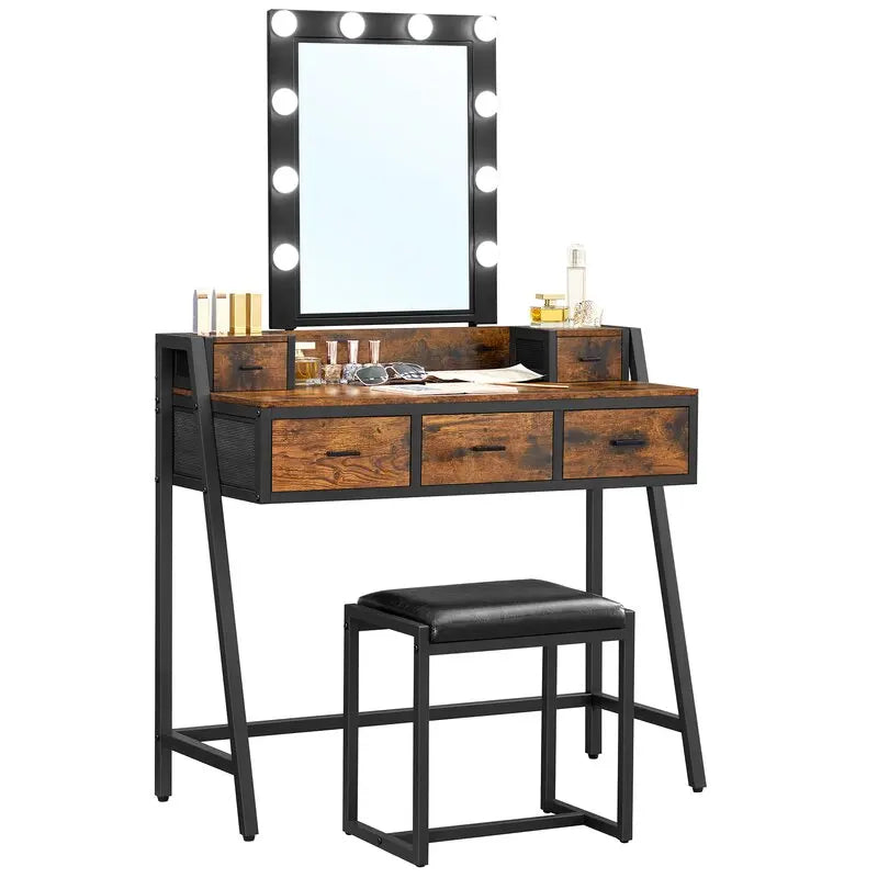 Industrial Teak Wood Tocador Vintage Dressing Black Wicker Dresser Makeup Vanity Table With Mirror Set