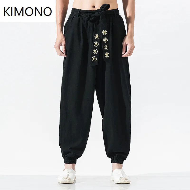 Japanese Casual Kimono Pants Loose HarajukuTrousers Men Traditional Asian Yukata Style Polyester Solid Color Costume