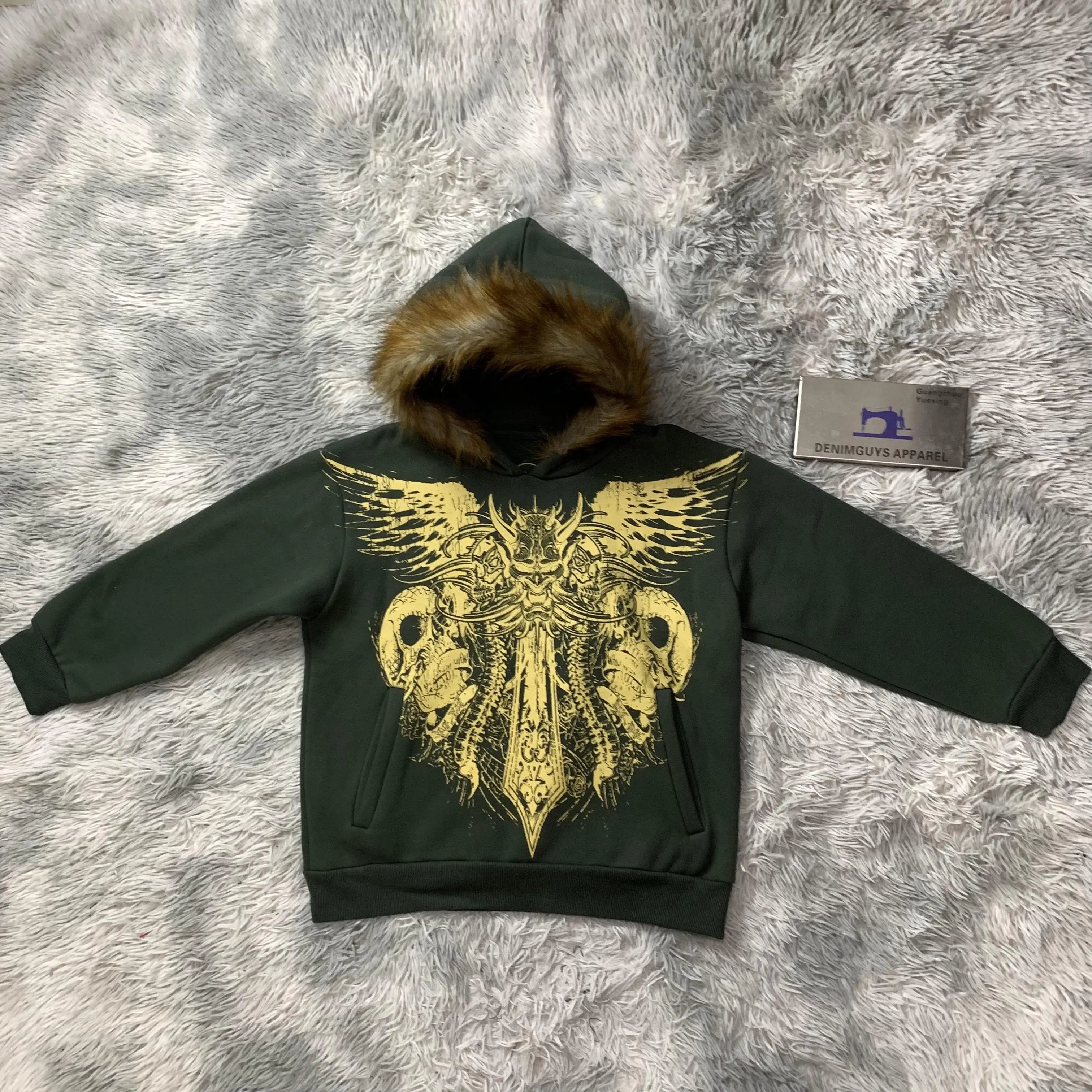DENIMGUYS 2025 New Arrival High Street Y2k Hip Hop Retro Printed Men's Winter Warm Fleece Fur Hood Oversized Plus Size Hoodies