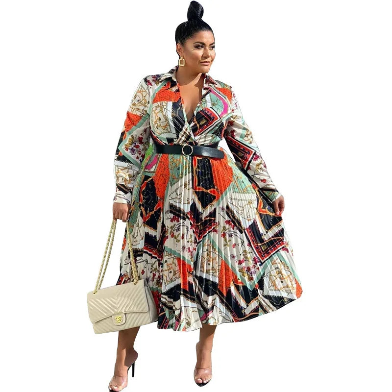 Good Material Female Long Sleeve Casual Dress African Woman Plus Size Pleated A-line Shirt Dress