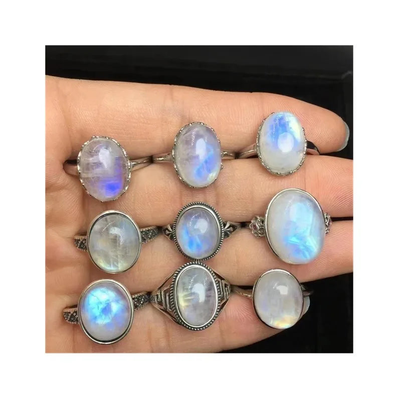 925 Sterling Silver Spiritual  Chakra Crystal Jewelry Blue  Moonstone Ring for Energy Healing and Physical and Mental Balance