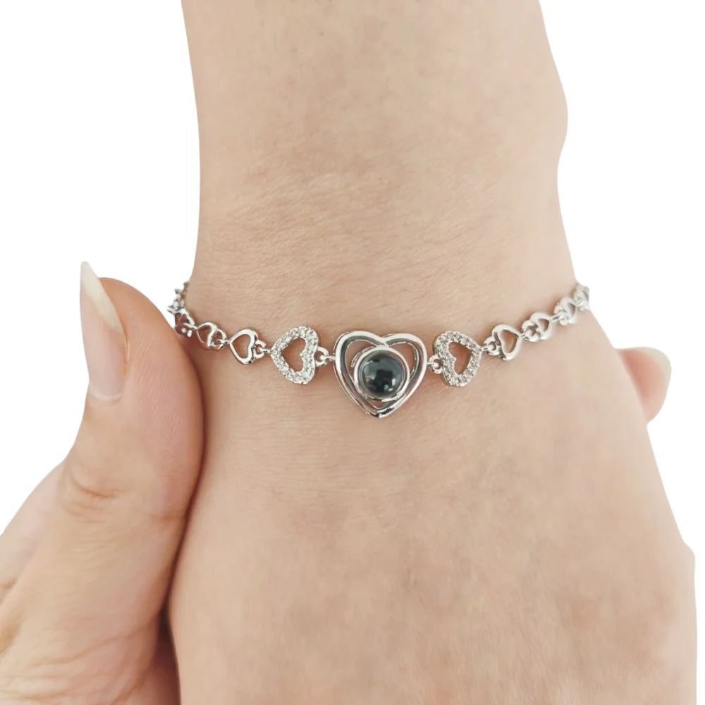 Qiuhan Girlfriend Gift Customized Photo Love Heart Pendant Projection Stone Hollow Heart Chain Bracelet Valentine's Day Gift