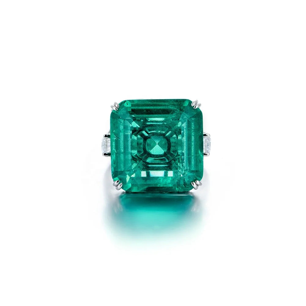 Luxury 925 Silver Plated Platinum Cultivated Emerald Ring Women Fine Jewelry