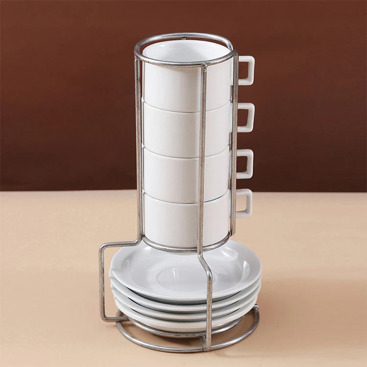 Top Seller 2026 Modern White 4pcs Set Stacking Ceramic Coffee Cups and Saucer Set with Storage Rack
