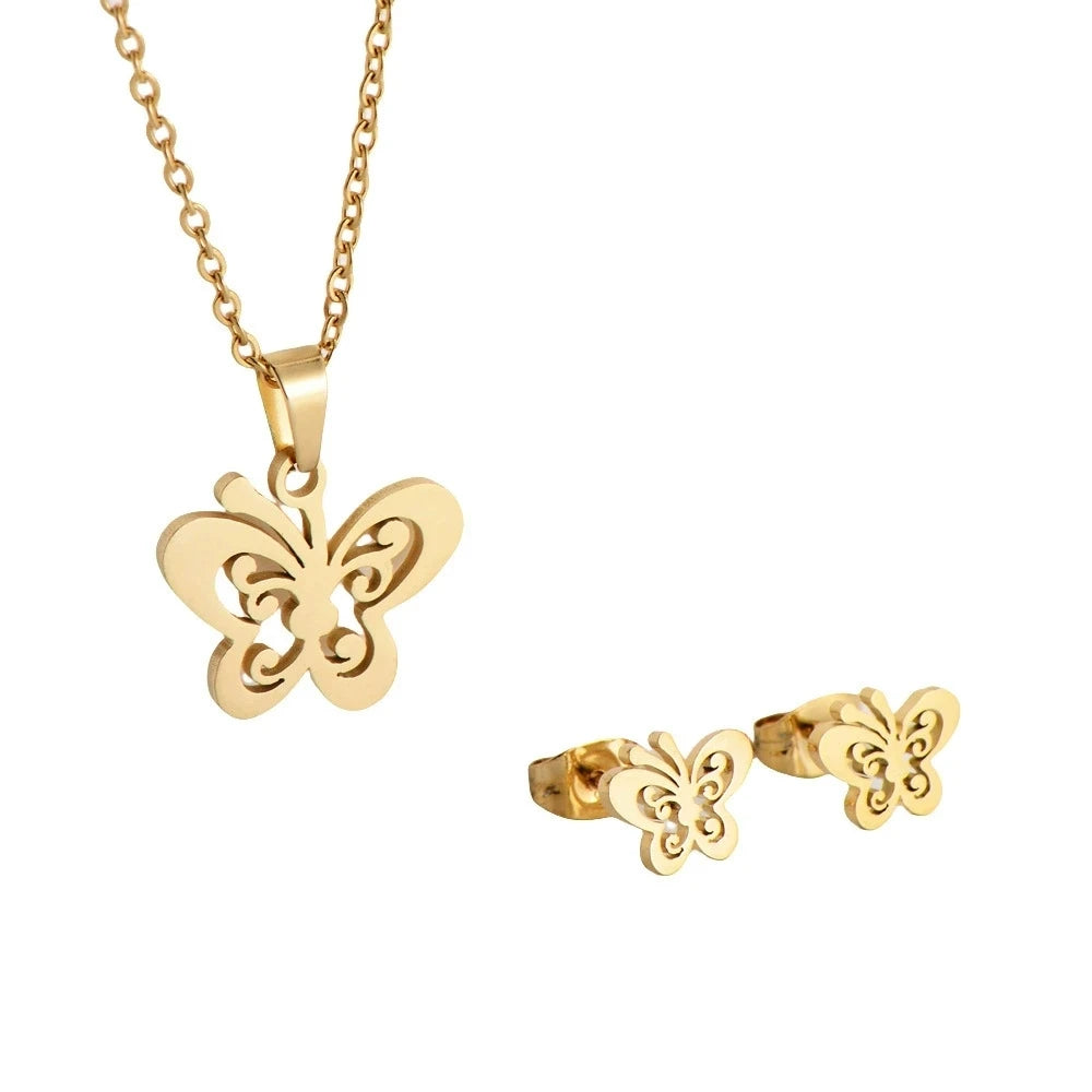 Fashion Religious Stainless Steel Letter S Cross Butterfly Rose Gold Plated Earring Necklace Jewelry Set