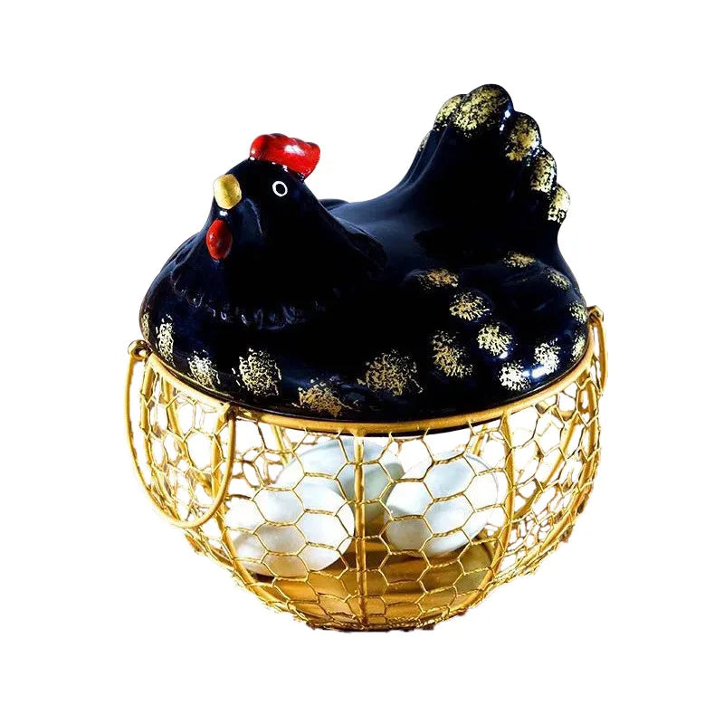 Ceramic Lid Chicken Hen Egg Basket Wire Egg Holder Eco-Friendly Detachable Design 19.5x22cm for Home Kitchen Storage