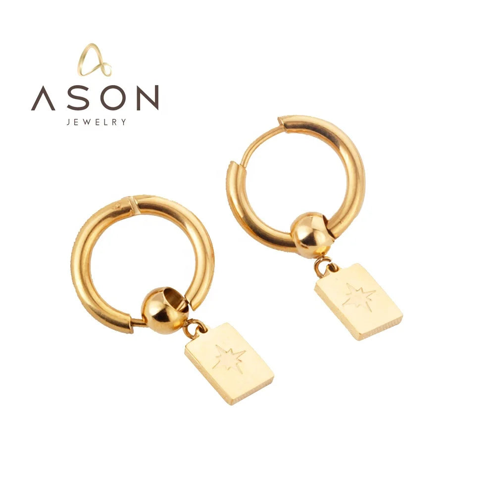 Ason Fashion Wholesale Stainless Steel Jewelry Gold Plating Drop Earrings Rectangular Bead Star Design Hoop Earrings for Women