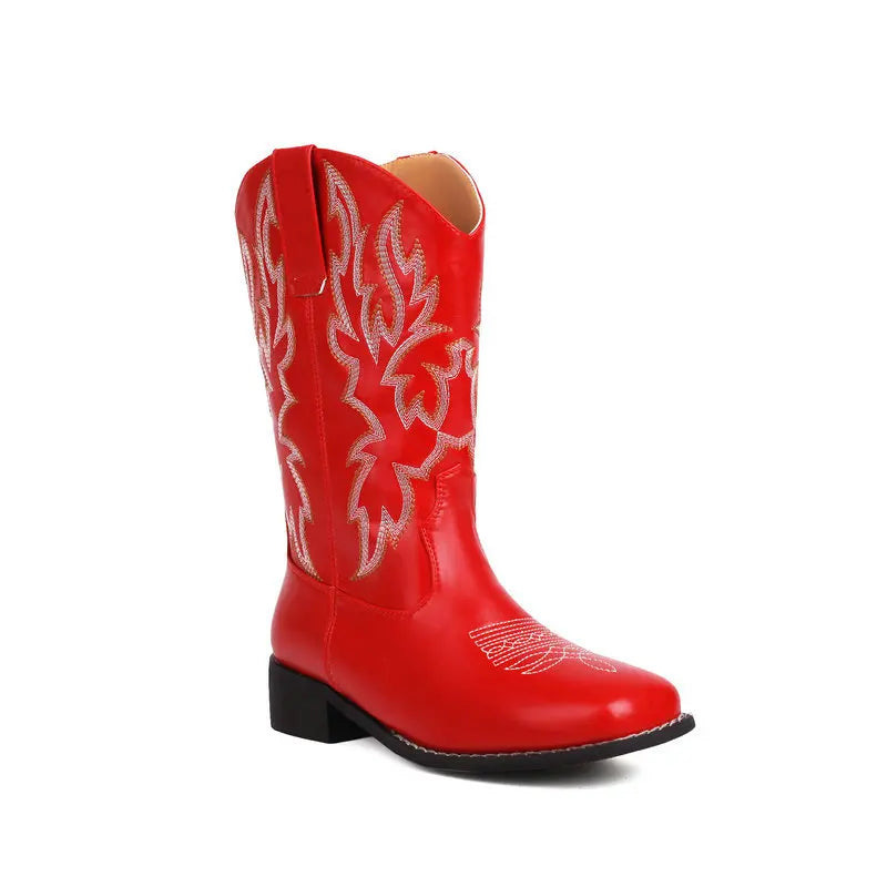 Red Women Booties Ankle Cowgirl Western Boots Stitched Embroidered Pointed Toe Short Chunky Classic Cowboy Boots