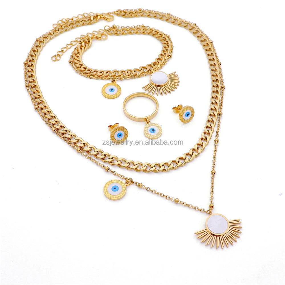 Hip Hop Stainless Steel Women Gold Plated Flower Thick Chian Heavy Sets Habesha Brazil Set Jewelry