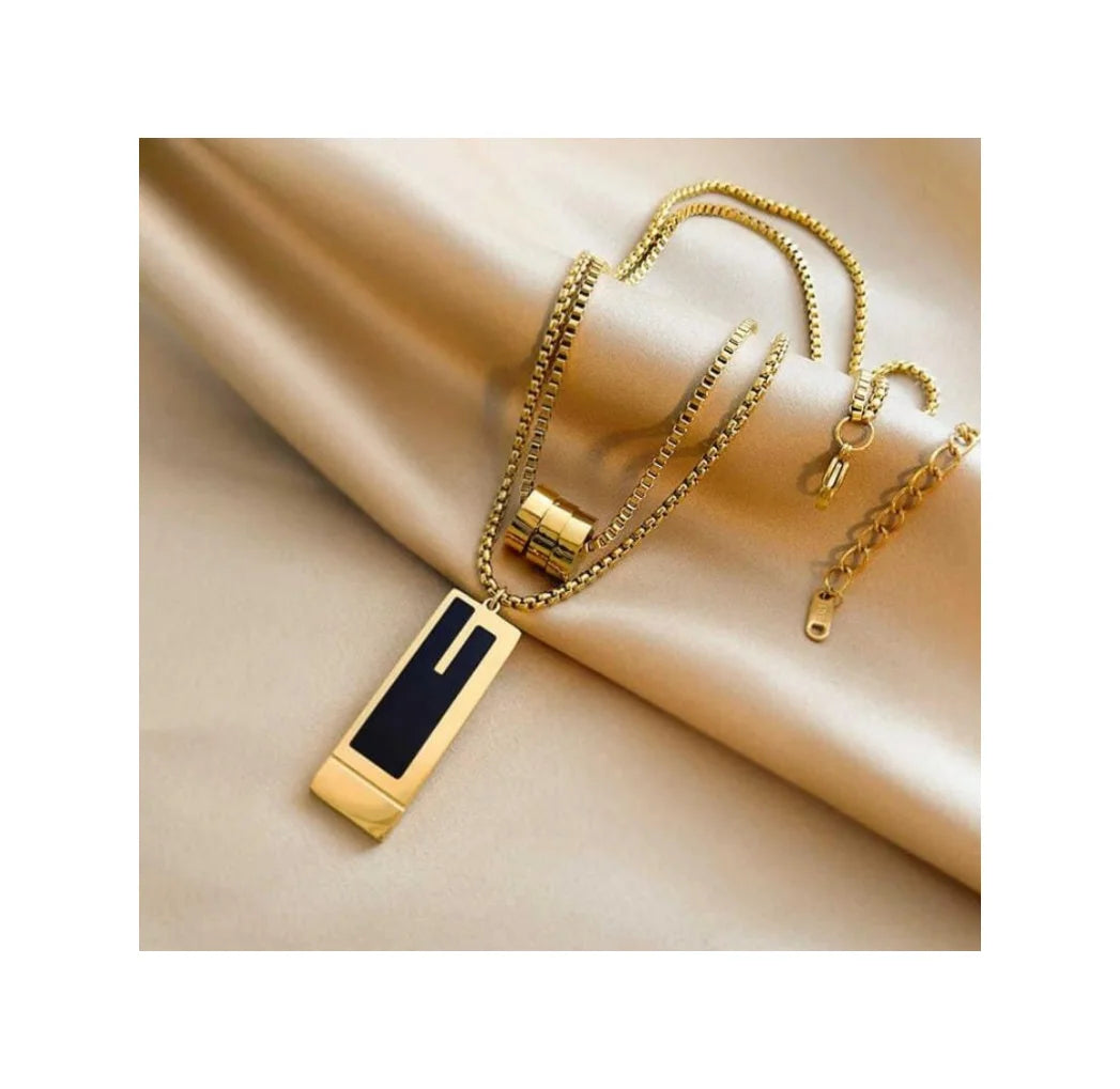 Fashion Women Jewelry 18k Gold Plated Stainless Steel Chain Necklace Adjustable Rectangle Double Layer Pendant Necklace 2023