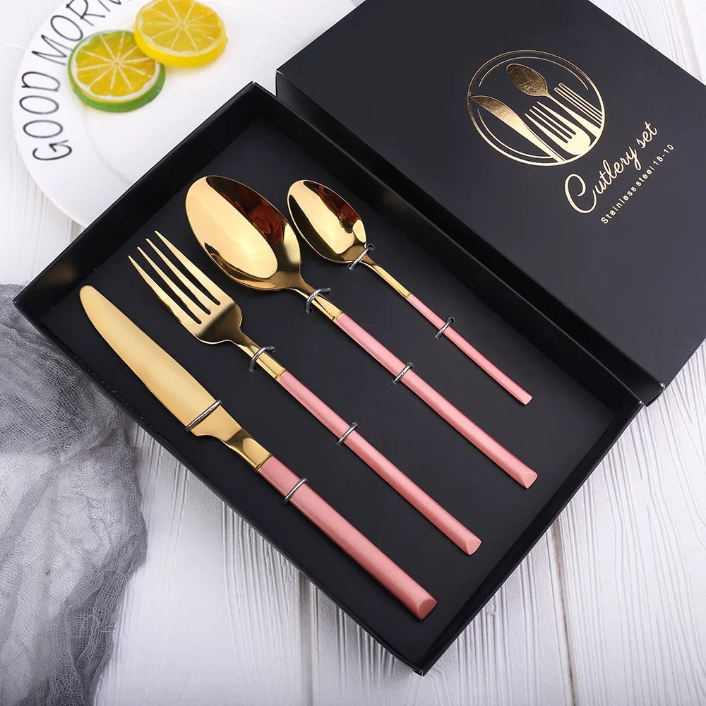 Pink Knife Fork Spoon Silverware Flatware Gold Cutlery Stainless Steel Set Knife Fork Spoon Powder Gold Silverware Flatware