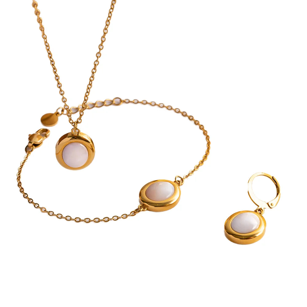 Women's Luxury Premium Non-fading Titanium Steel Ring Earrings Oval Opal Pendant Necklace Joker Light Pearl Stainless Steel Gift