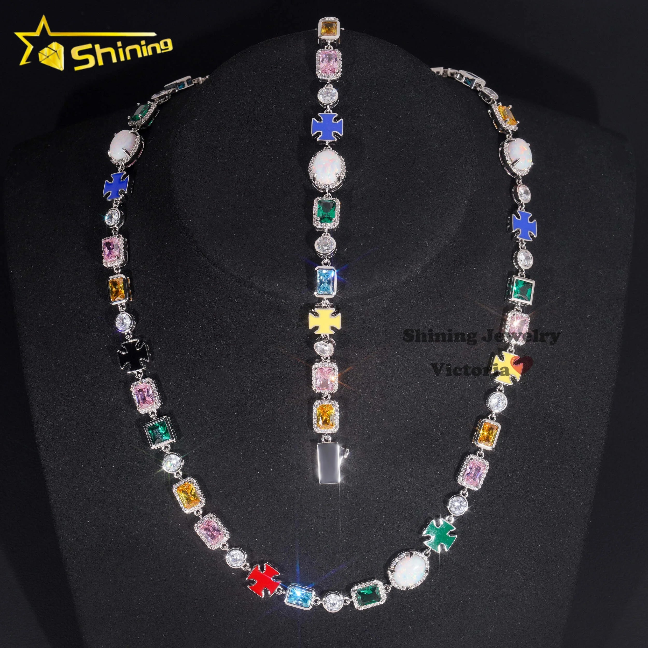 Unique Design New Arrival Iced Out Multi Cubic Zirconia Cz Gemstone Men Hip Hop Motif Necklace Tennis Chain Bracelet