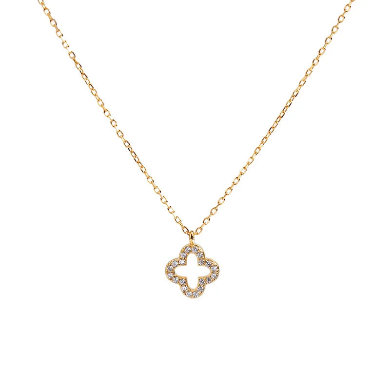 18K Gold Plated Cubic Zircon 925 Sterling Silver Hollow Four Leaf Clover Pendant Charm Necklace