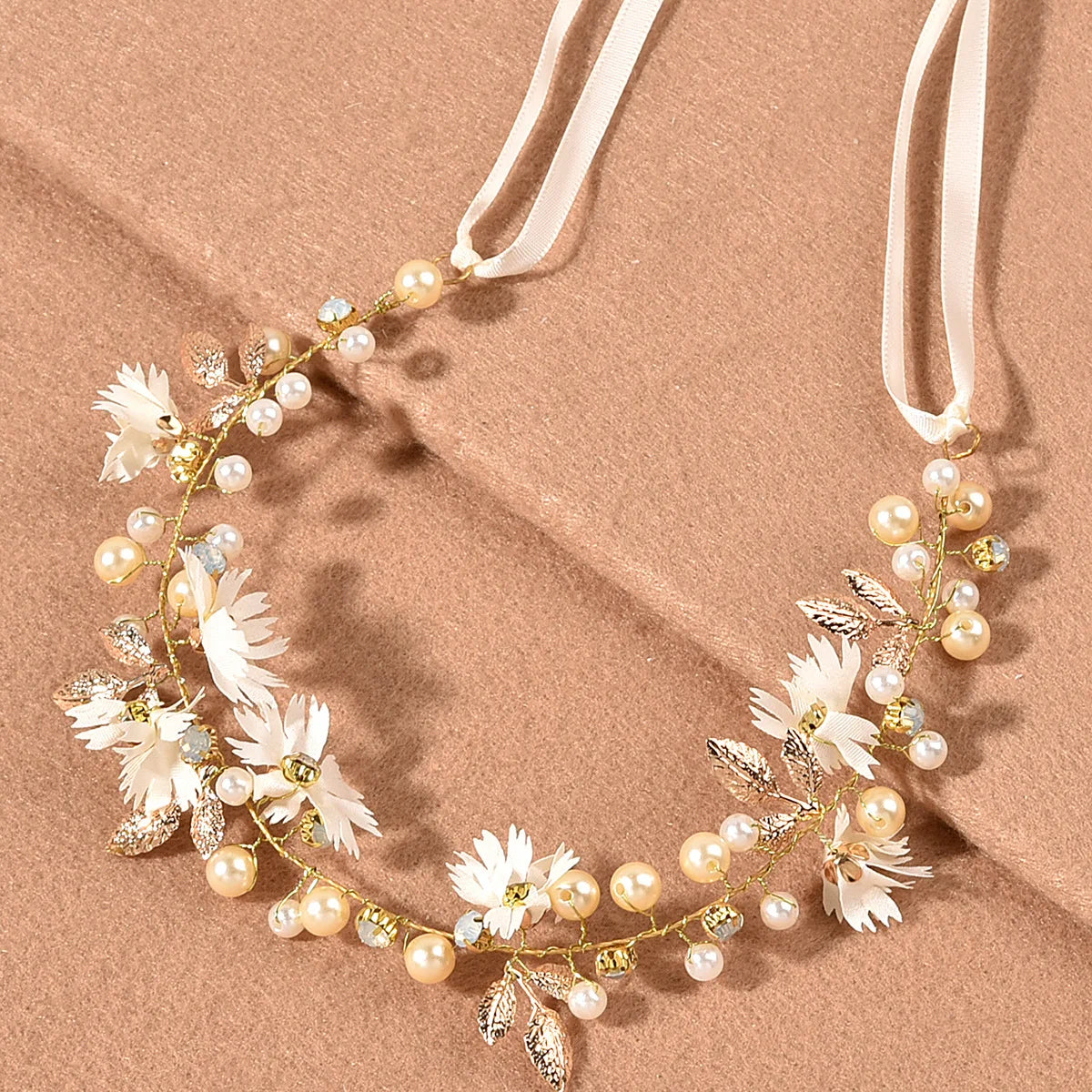 Korean Style Crystal Twist Bead Handmade Hairband Headband Sweet Daisy Gold Leaf Bride Wedding Hair  Accessories