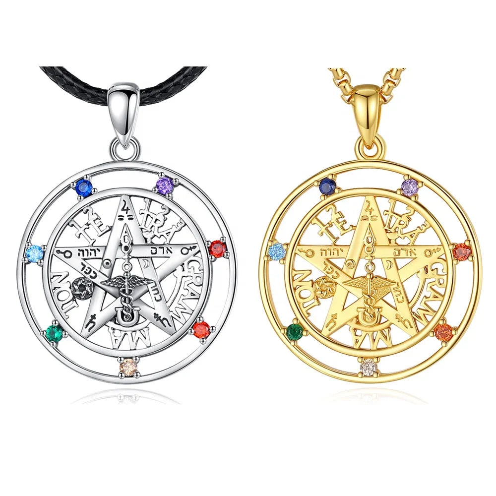 Fine Jewelry 925 Sterling Silver 18K Gold Plated 7 Chakra Stones Tetragrammaton Pentagram Pendant Necklace for Men
