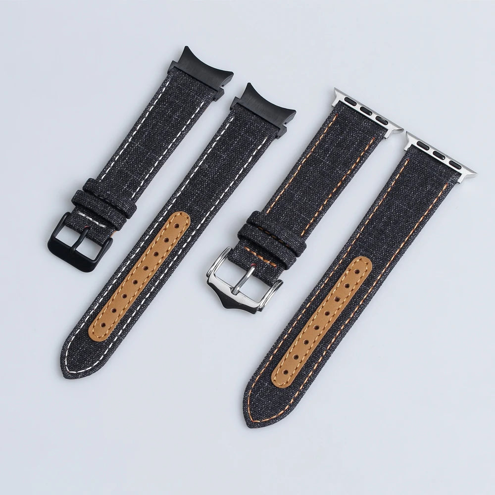 Custom 22mm Comfortable Luxury Leather Band Breathable Canvas Fabric with 18mm Leather Holes for Smart Watches