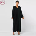EidCasual Front Open Style Bell Sleeves Heavy Beads Simple Black Borders Button-Down Polyester Muslim Women Abaya