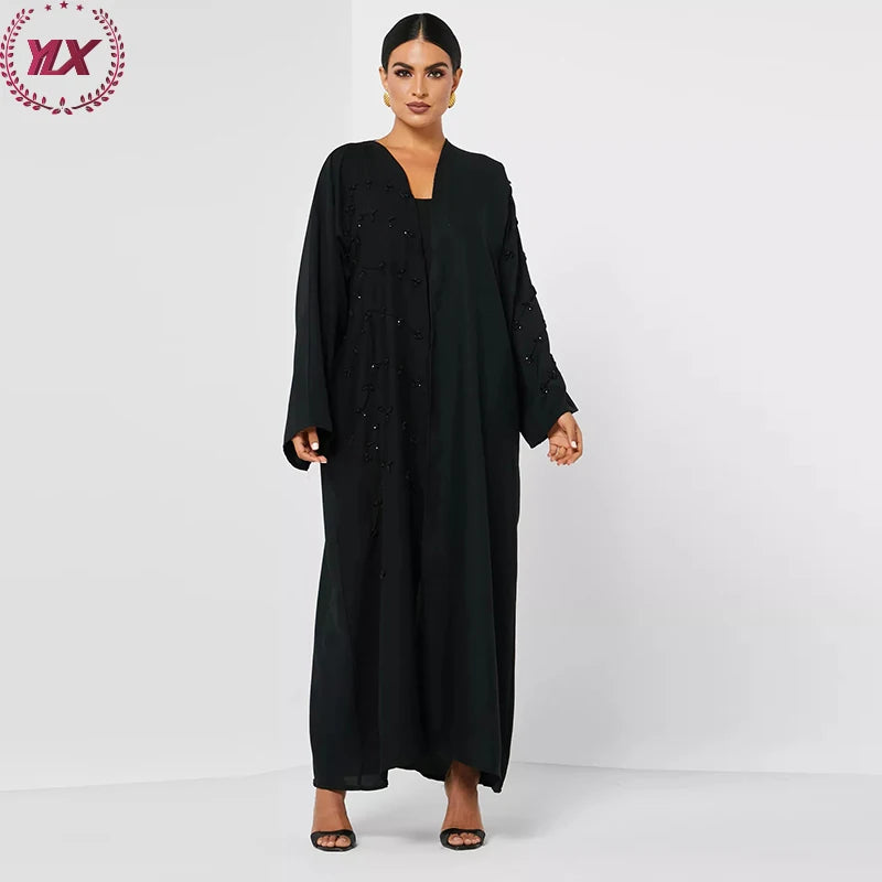 EidCasual Front Open Style Bell Sleeves Heavy Beads Simple Black Borders Button-Down Polyester Muslim Women Abaya