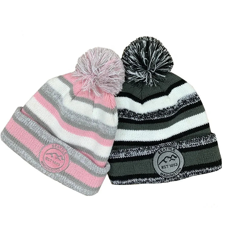 Custom Logo Knit Beanie for Kids Winter Warm Slouchy Ski Hat with Pom Pom Embroidery Patch for Boys and Girls Beach Scene