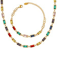 High End Waterproof Gold Plated Stainless Steel Rectangle Colorful Crystal Rhinestone Necklace Bracelets Jewelry Set for Women