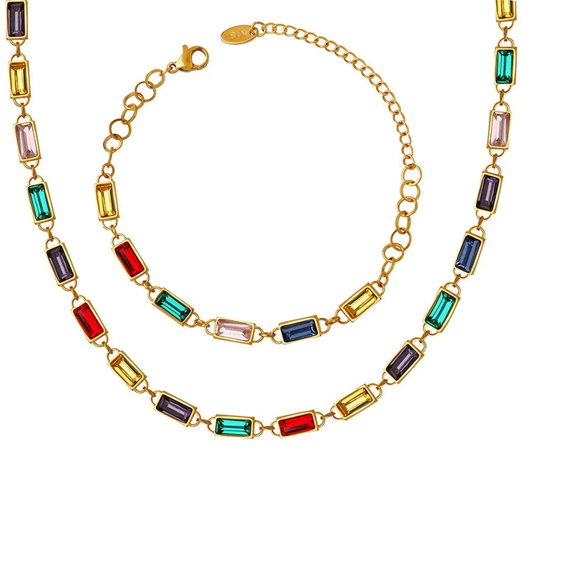 High End Waterproof Gold Plated Stainless Steel Rectangle Colorful Crystal Rhinestone Necklace Bracelets Jewelry Set for Women