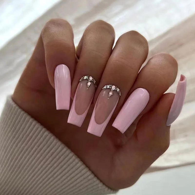 Wholesale Full Cover French Pink Diamond Artificial Fingernails Long Ballerina Pressed on Nails for Ladies