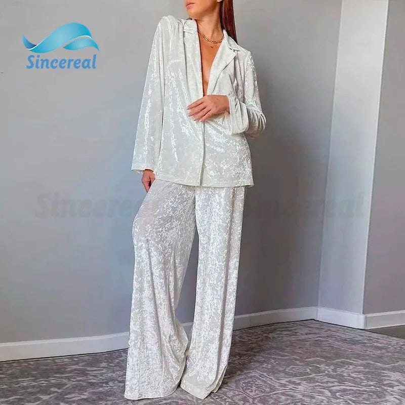 Custom Nightwear Trouser Suits Winter 2 Piece Sets Womens Outfits Velvet Sleepwear Turn Down Collar Velour Pajamas for Women
