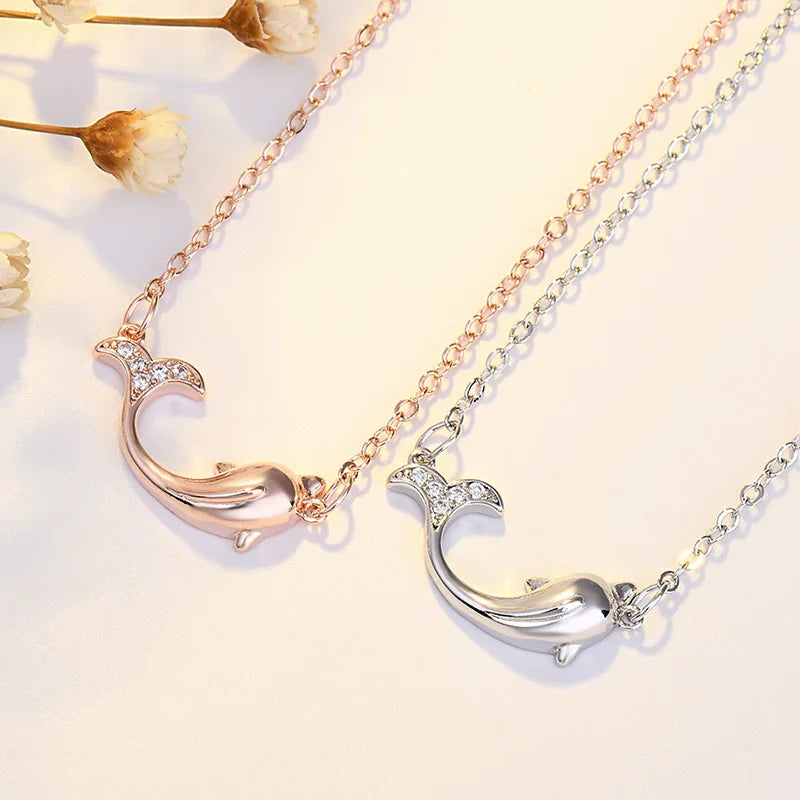 Newest Design 18K White Gold Plated Crystal Rhinestone Fish Pendant Necklace Copper Shining Cz Dolphin Necklace