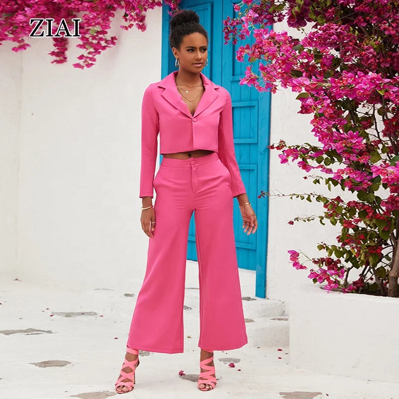 Women's Solid Color Short Long-sleeved Small Suit Fashion High Waist Professional Wide-leg Pants Suit