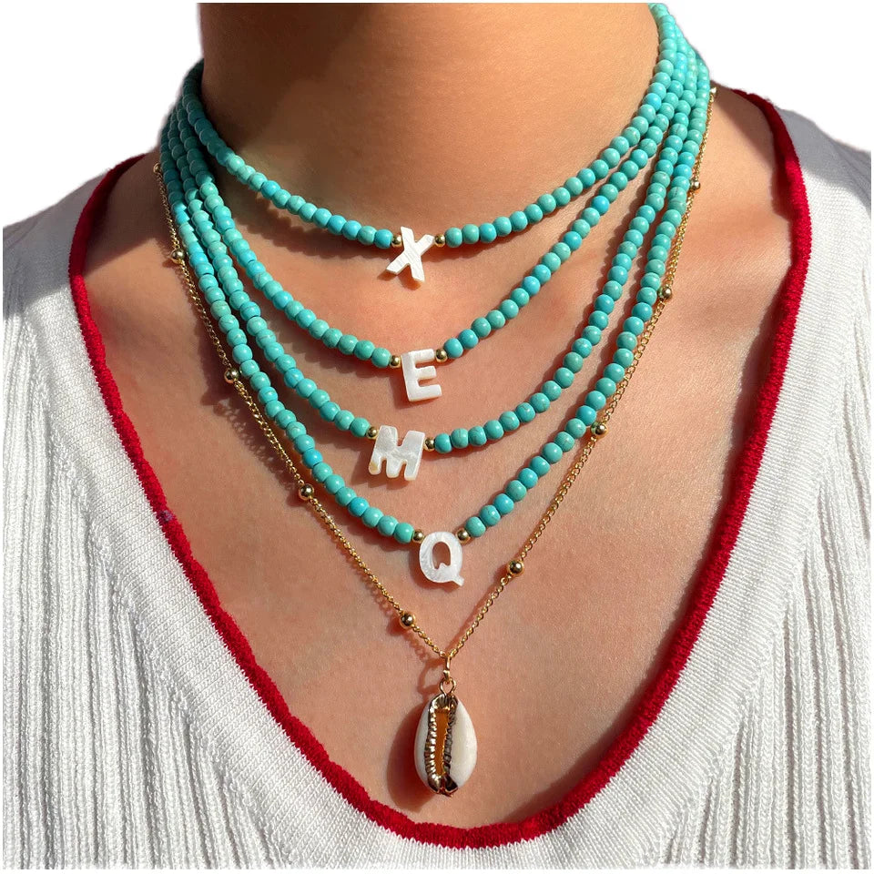 2022 Trendy Boho Turquoise Beads Choker Jewelry Custom Double-Layer Freshwater Shell Letter Charm Necklace Wedding Party Gift