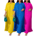 Y7017 Hot-selling Long Dresses Women Casual Single Breasted Long Sleeve Stand Collar Pleated Maxi Dress Ladies Plus Size Dresses