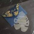 Unique Custom Leaves Shape Clear Acrylic Wedding Invitation with Hot Stamping Gold Foiled Navy Blue Velvet