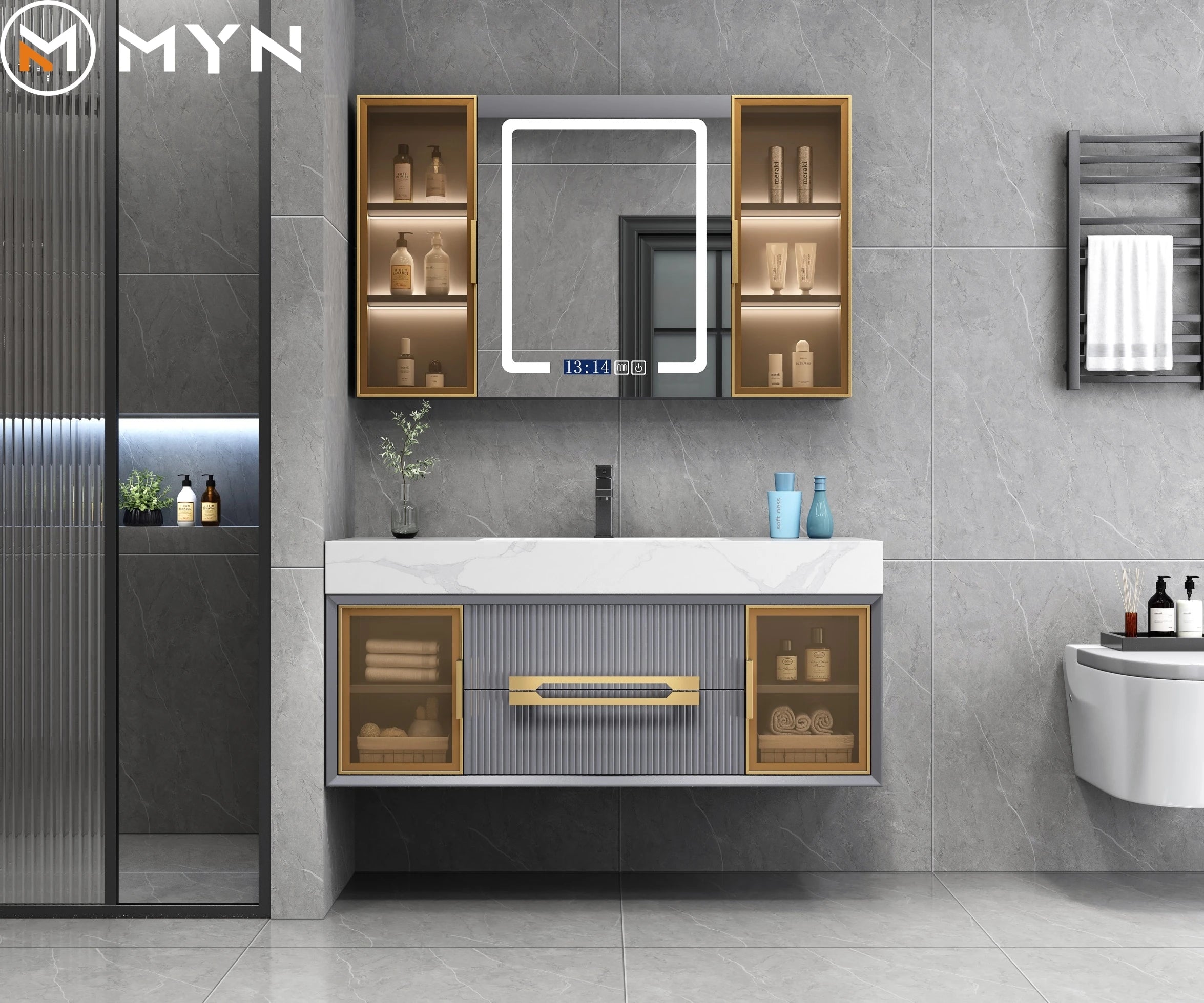 Modern Bathroom Vanity Luxury USA Popular Grey Colored Solid Wood Cabinet With Marble Top and Wash Basin