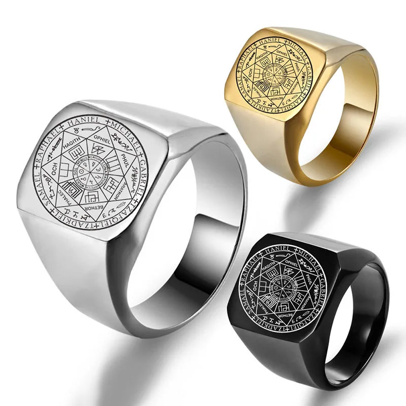 The Seven Archangels Protection Rings Amulet Seal Solomon Kabbalah Ring Mens Womens Stainless Steel Polished Ring