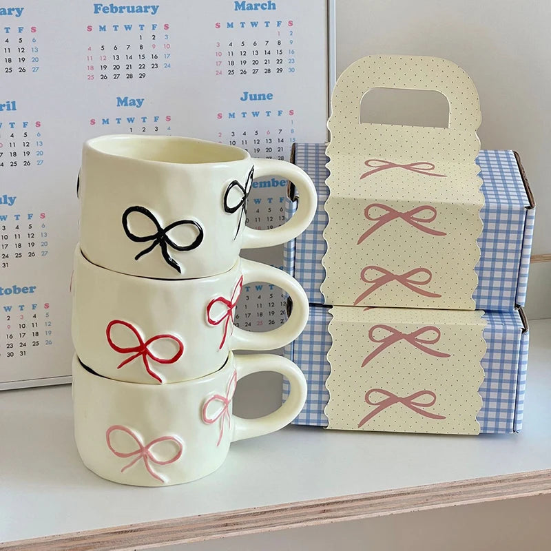 Wholesale Solhui Ins Korea Embossed Bow Porcelain Milk Mug 300ml Creative Water Cup with Heart for Girls Back to School Gifts