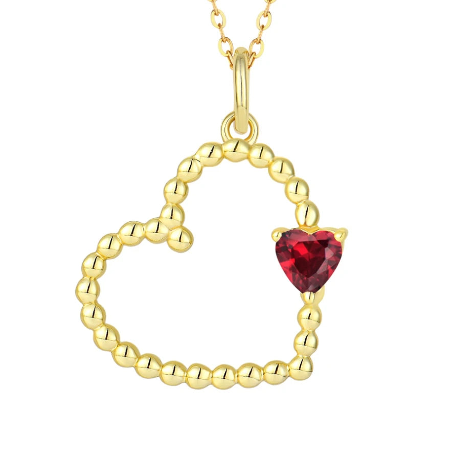 Gold Plated Heart Red CZ Stone Pendant Necklace 925 Sterling Silver Jewelry for Women