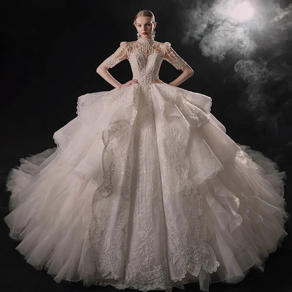 Jancember LSMX060 Elegant Short Sleeve Bridal Chic Ball Gowns Wedding Dresses