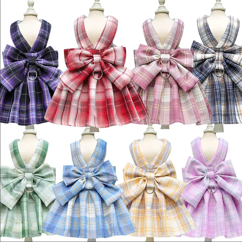 Multi Plaid Printed Cute Girl Dog Dresses Puppy Pet Dogs Harnesses Mesh Vests With Leashes
