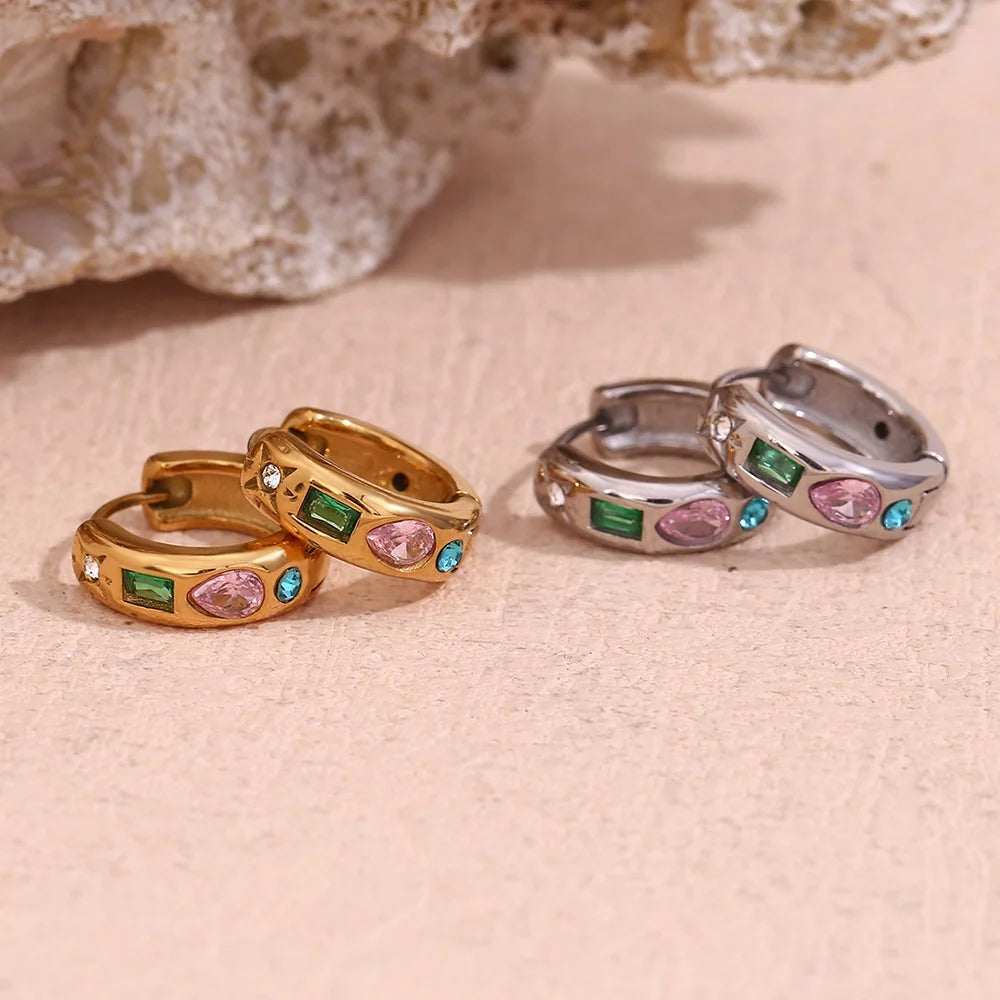 Colorful Zircon Huggie Hoop Earrings Gold Plated Jewelry 316L Stainless Steel Jewelry Wholesale
