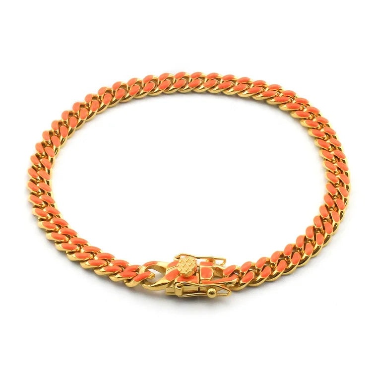 Fashion Hip Hop Women's Stainless Steel Gold Plated Rainbow Color Enamel Thin Cuban Link Chain Bracelet for Anniversary