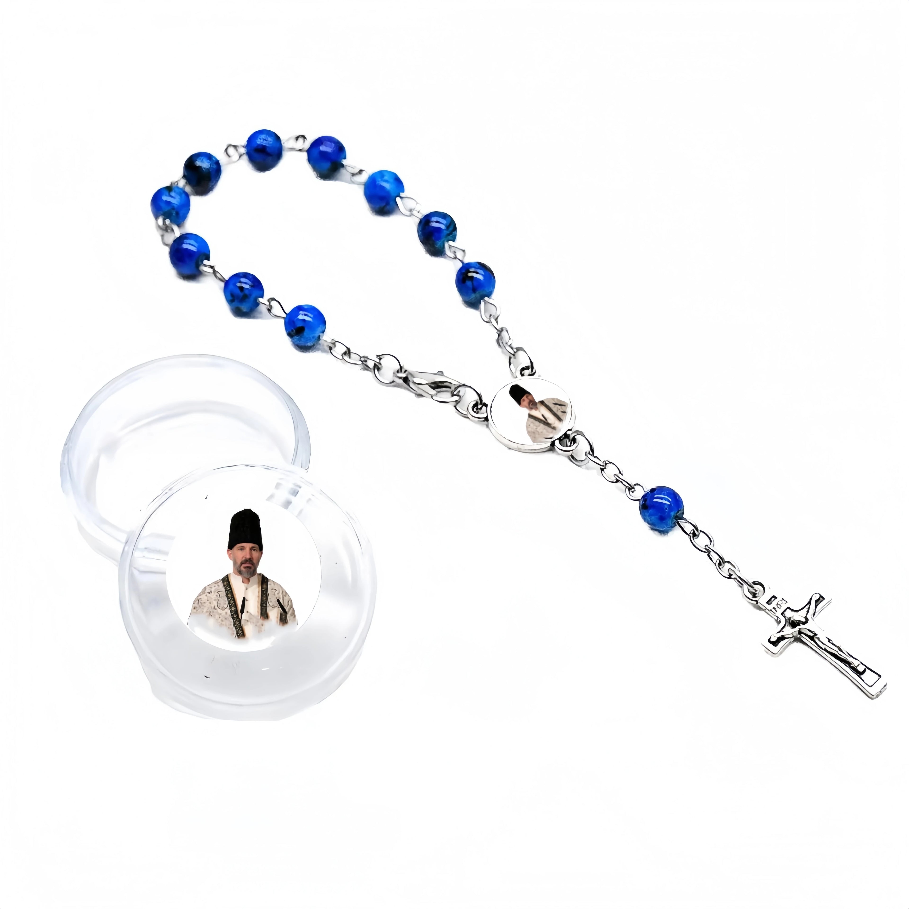Custom Religious Crystal Rosary Bracelet with Baptism Beads Double Cross Pendant Curved Clasp Prayer Gift