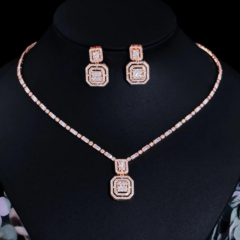 Shiny Baguette Cubic Zirconia Wedding Bridal Party Necklace Earrings Fashion Gold PlatedJewelry Sets Accessories