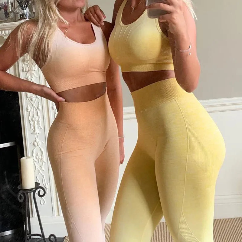 Custom LOGO Gradient Gym Fitness Sets Yoga Pants and Sports Bras High Impact Seamless High Waist Yoga Leggings for Women Suits